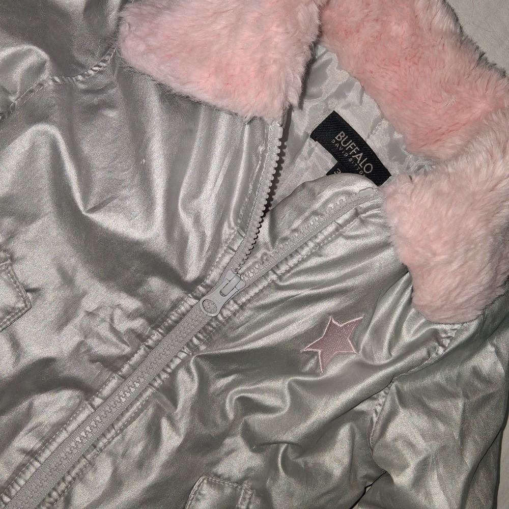 Buffalo David Bitton Kids Silver Star Faux Fur Collar Bomber Jacket Size 3T